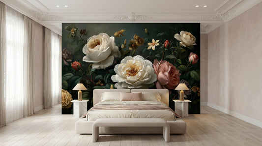 Dark Moody Floral Dutch Floral Wallpaper – lifestyle view, Golden Era Walls