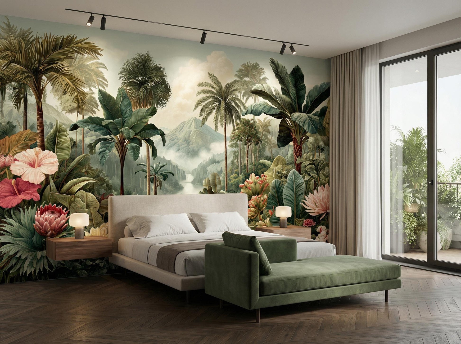 Panoramic Nature Jungle Theme Floral Wallpaper – detail view, Golden Era Walls