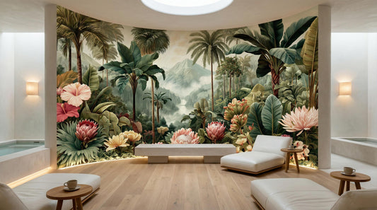 Panoramic Nature Jungle Theme Floral Wallpaper – lifestyle view, Golden Era Walls