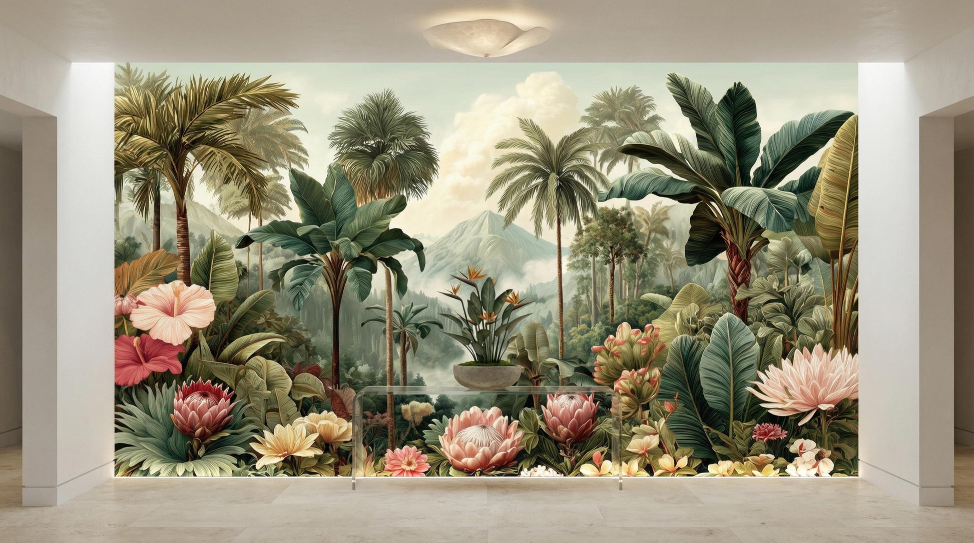 Panoramic Nature Jungle Theme Floral Wallpaper – room setting, Golden Era Walls