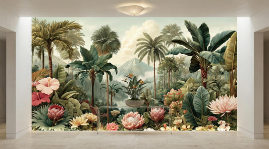 Panoramic Nature Jungle Theme Floral Wallpaper – room setting, Golden Era Walls