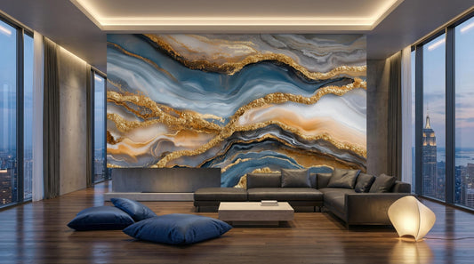 Luxury Liquid Abstract Alcohol Marble Wallpaper – room setting, Golden Era Walls