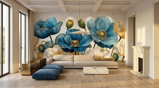 Elegant Watercolor Flower Blue Floral Wallpaper – room setting, Golden Era Walls