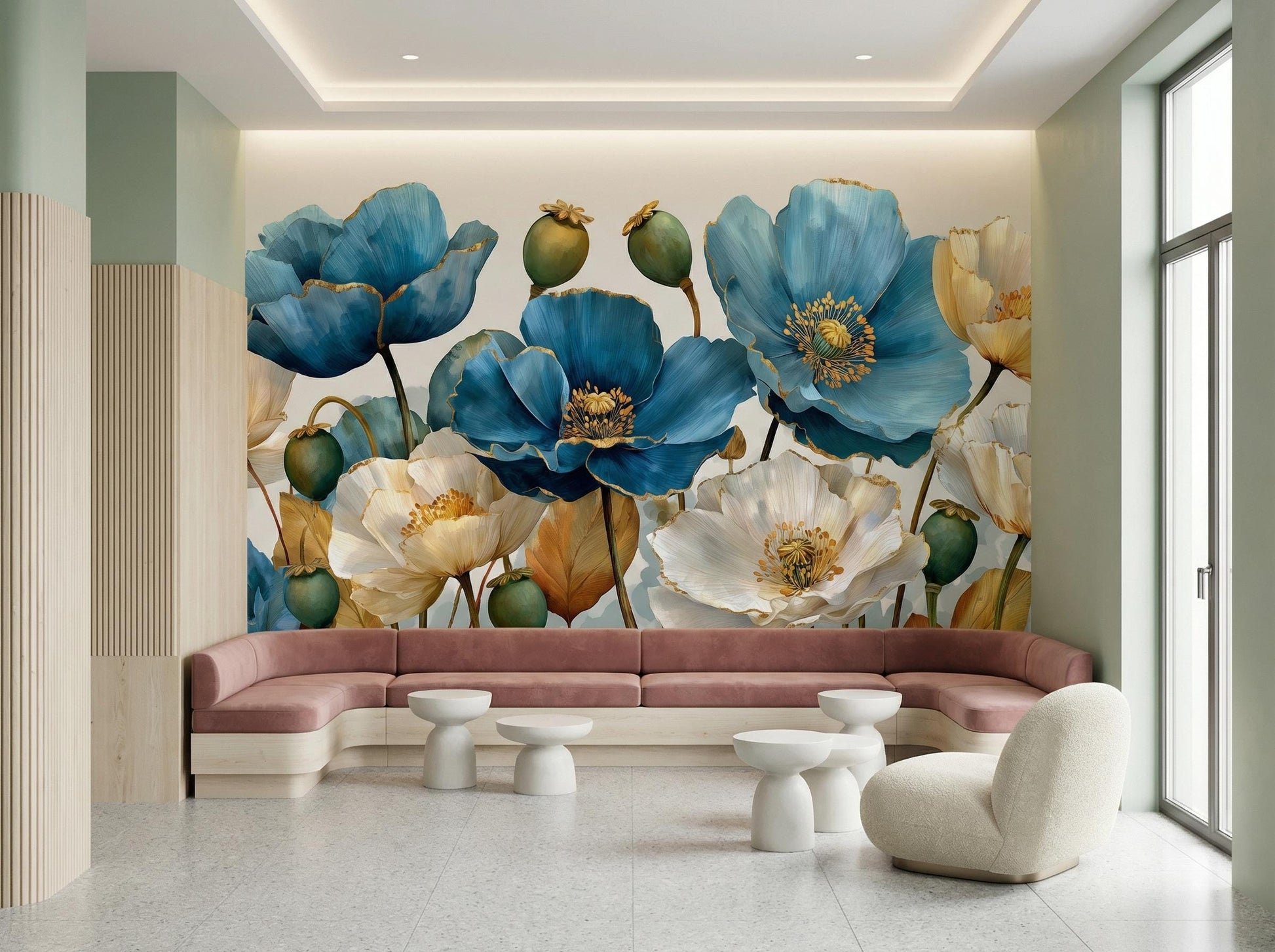 Elegant Watercolor Flower Blue Floral Wallpaper – alternate view, Golden Era Walls