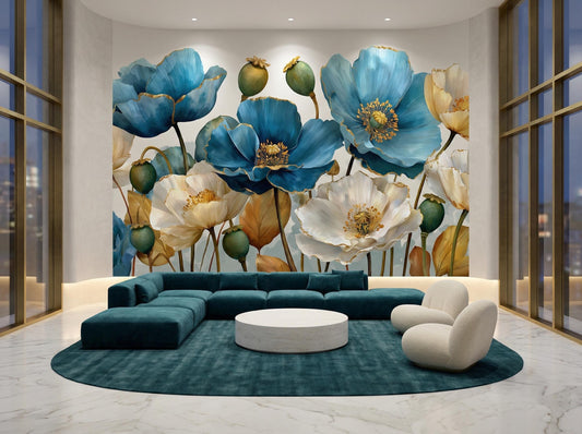 Elegant Watercolor Flower Blue Floral Wallpaper – detail view, Golden Era Walls