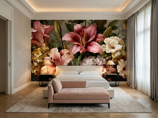Luxury Pink Cream Flower Floral Wallpaper – room setting, Golden Era Walls