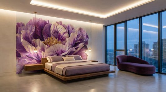 Luxury Purple Peony Dramatic Floral Wallpaper – room setting, Golden Era Walls