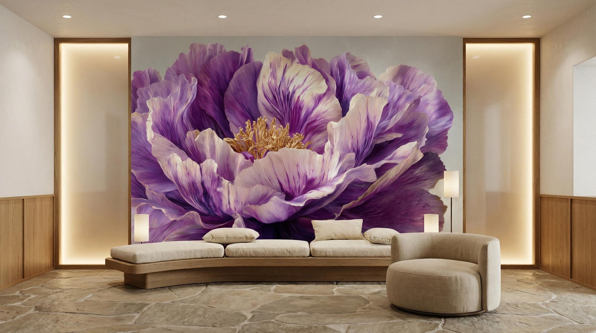 Luxury Purple Peony Dramatic Floral Wallpaper – lifestyle view, Golden Era Walls
