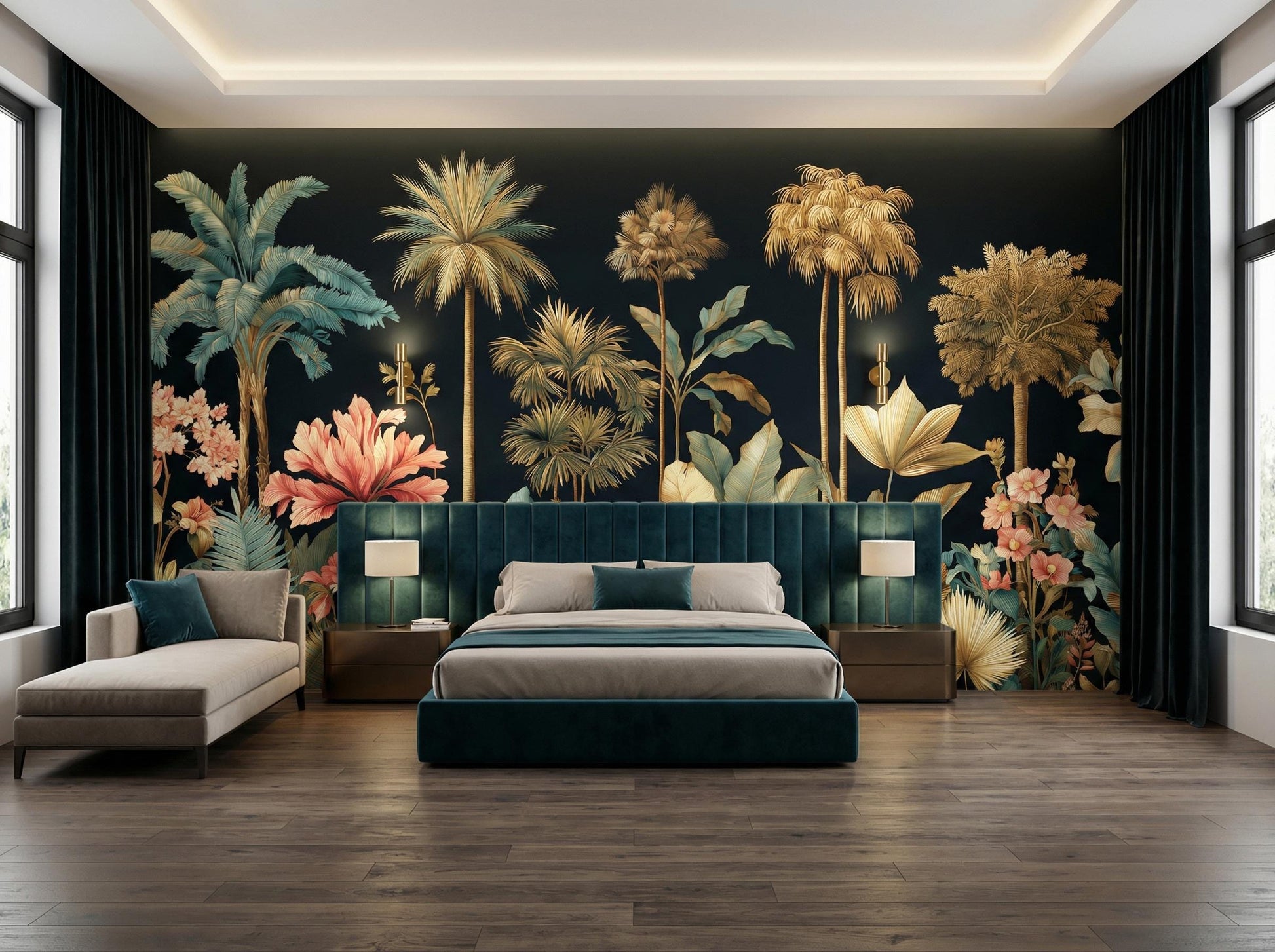 Dark Tropical Jungle Gold Floral Wallpaper – lifestyle view, Golden Era Walls