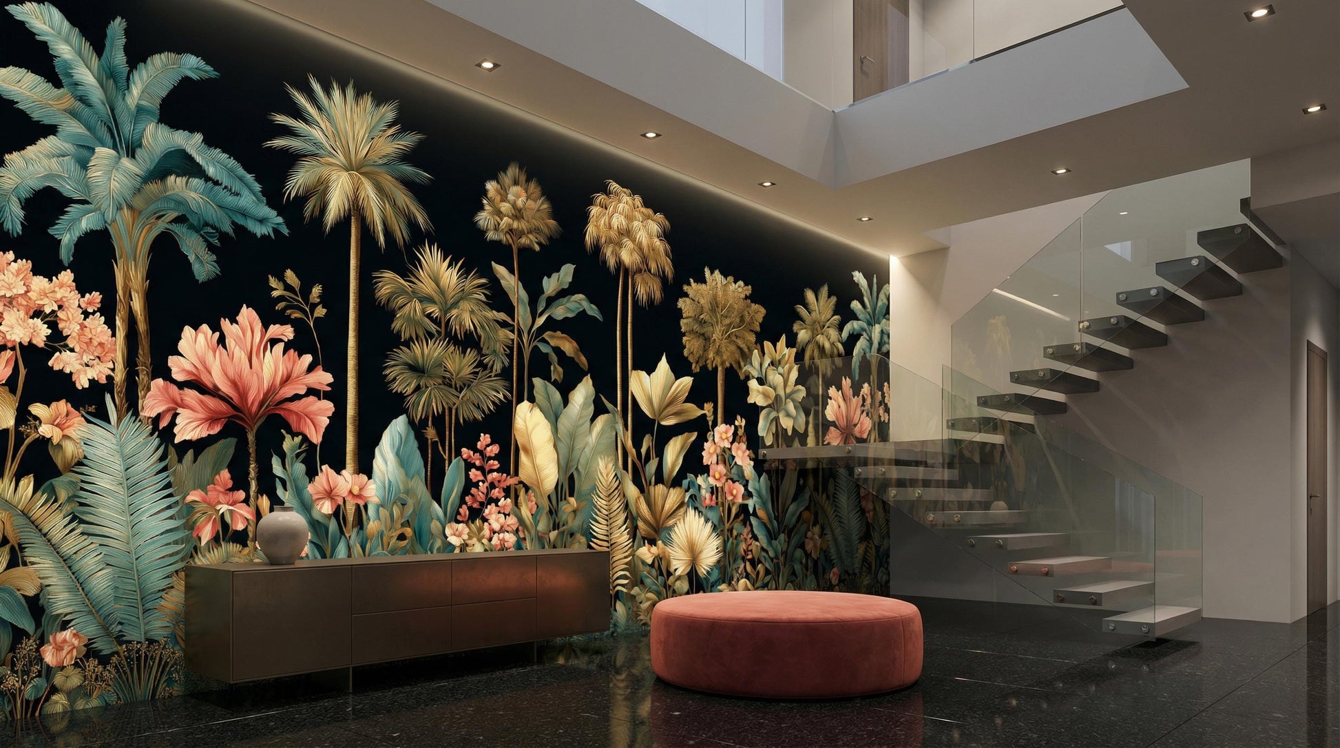 Dark Tropical Jungle Gold Floral Wallpaper – scale reference, Golden Era Walls