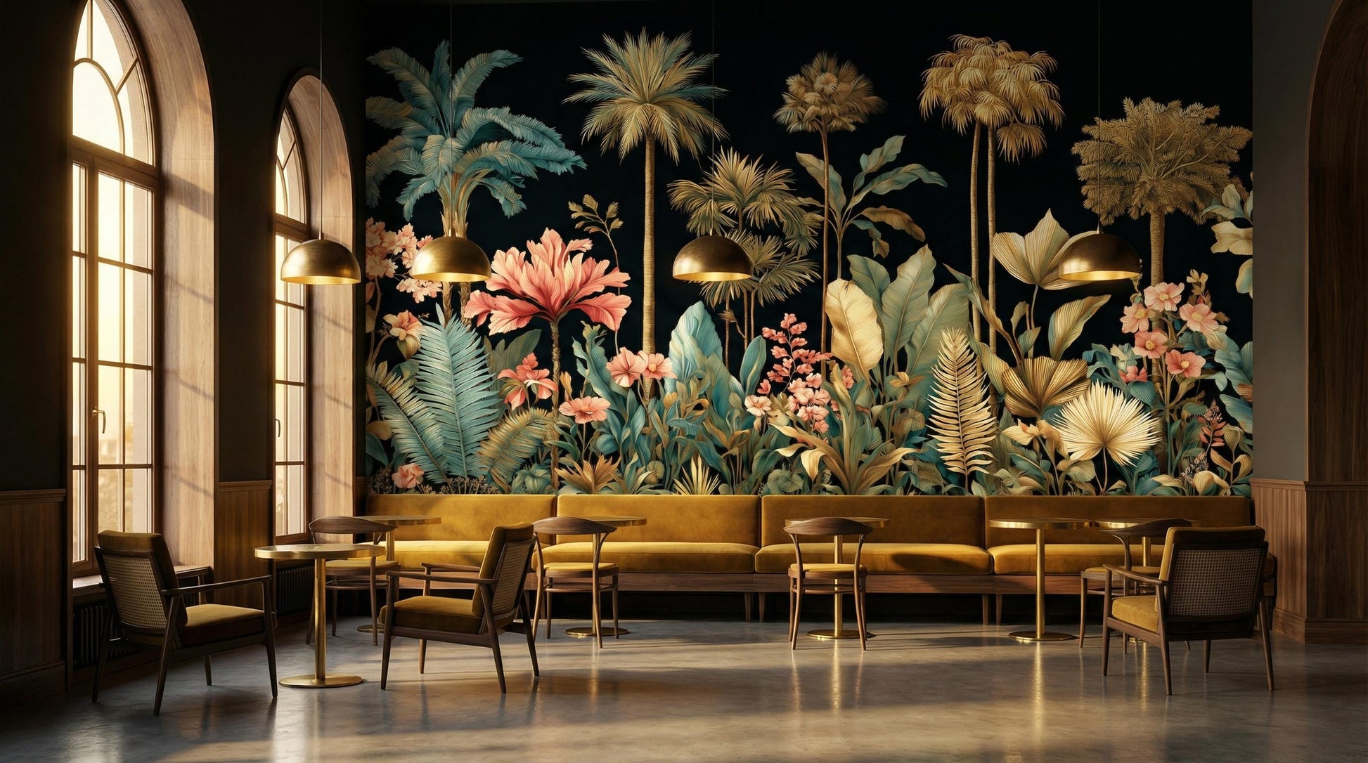 Dark Tropical Jungle Gold Floral Wallpaper – peel and stick wallpaper mural, Golden Era Walls