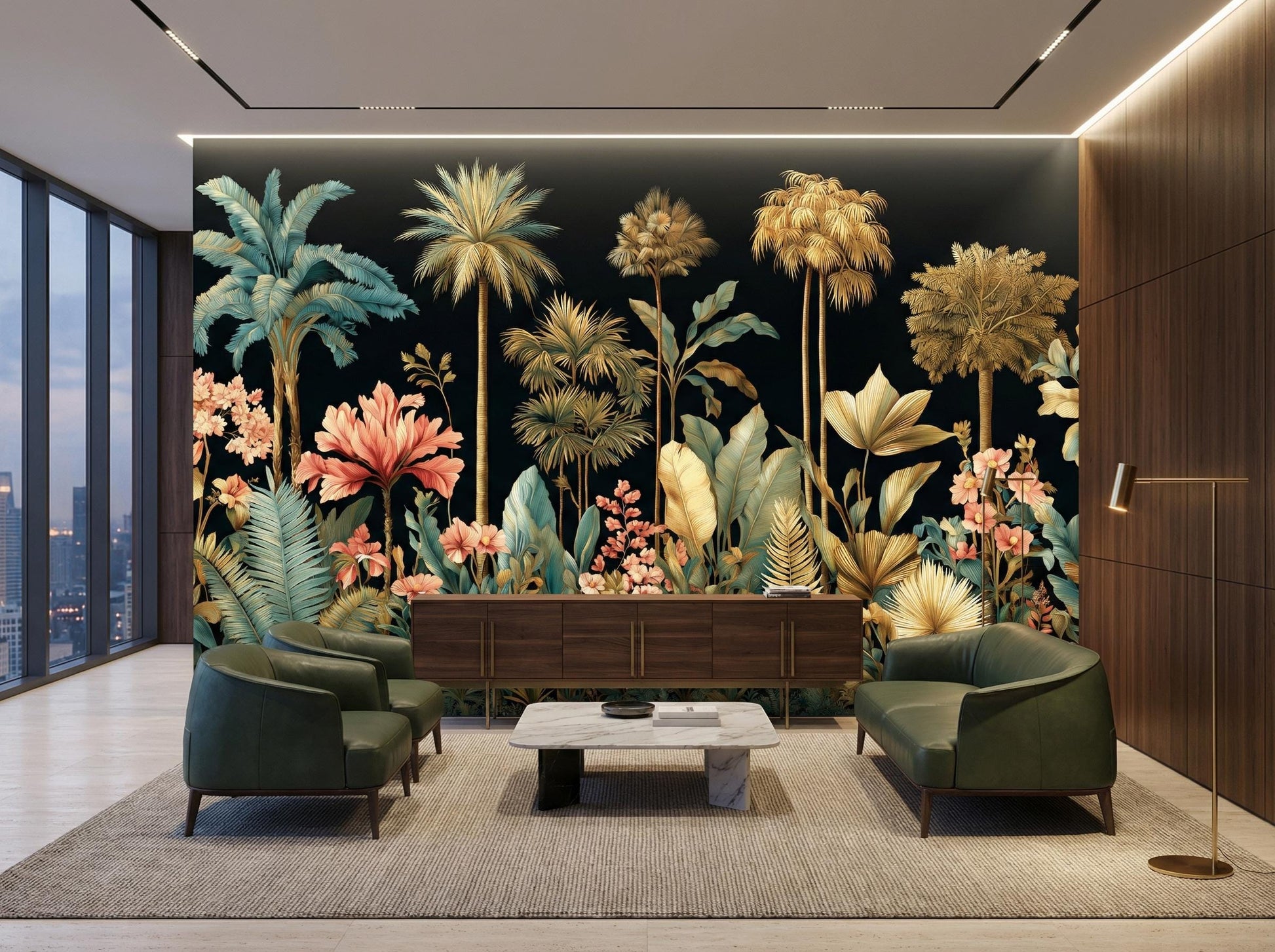Dark Tropical Jungle Gold Floral Wallpaper – room setting, Golden Era Walls
