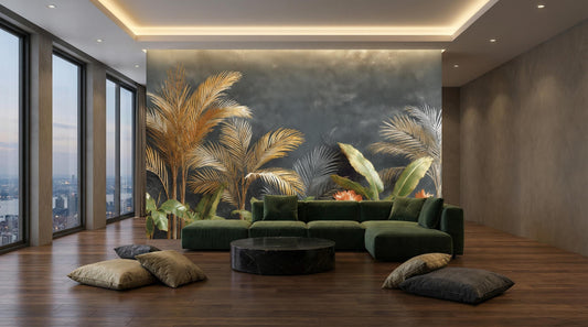 Luxury Tropical Palm Leaf Floral Wallpaper – detail view, Golden Era Walls