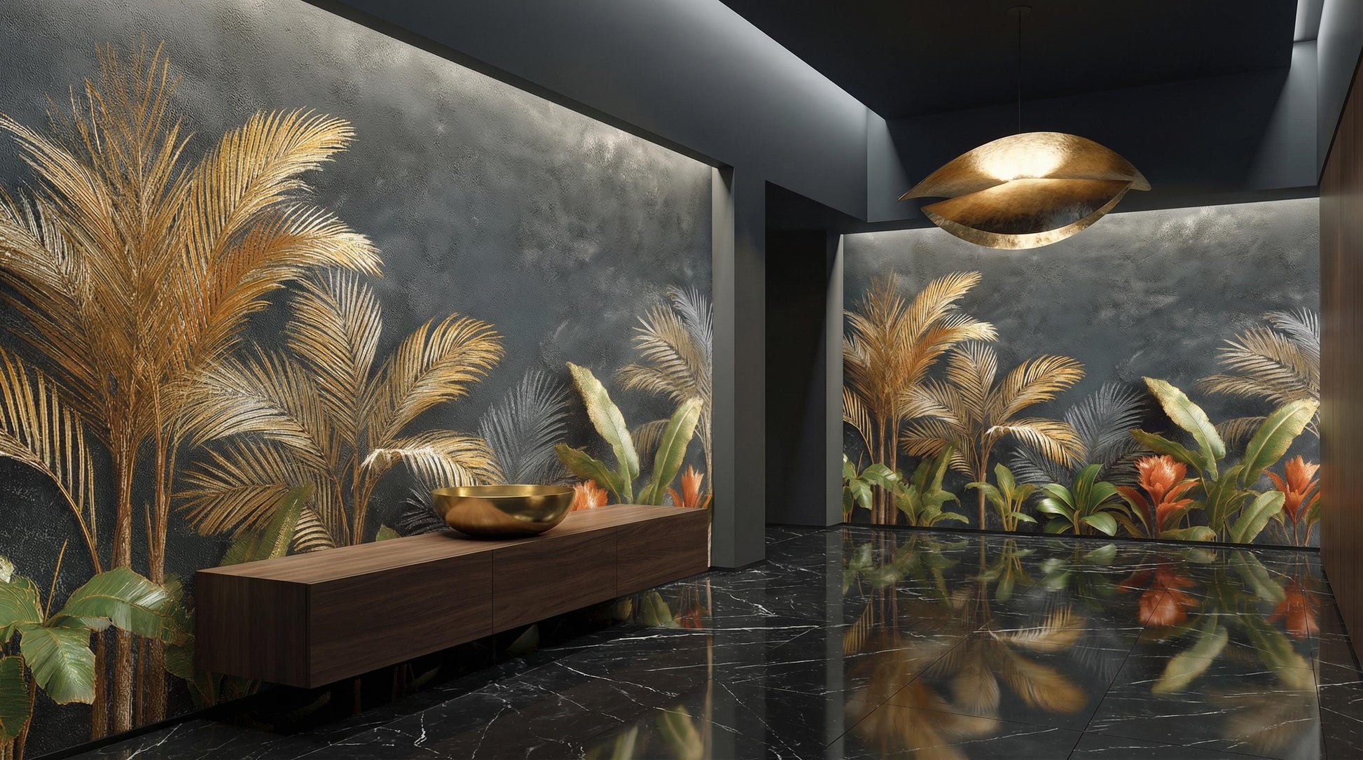 Luxury Tropical Palm Leaf Floral Wallpaper – scale reference, Golden Era Walls