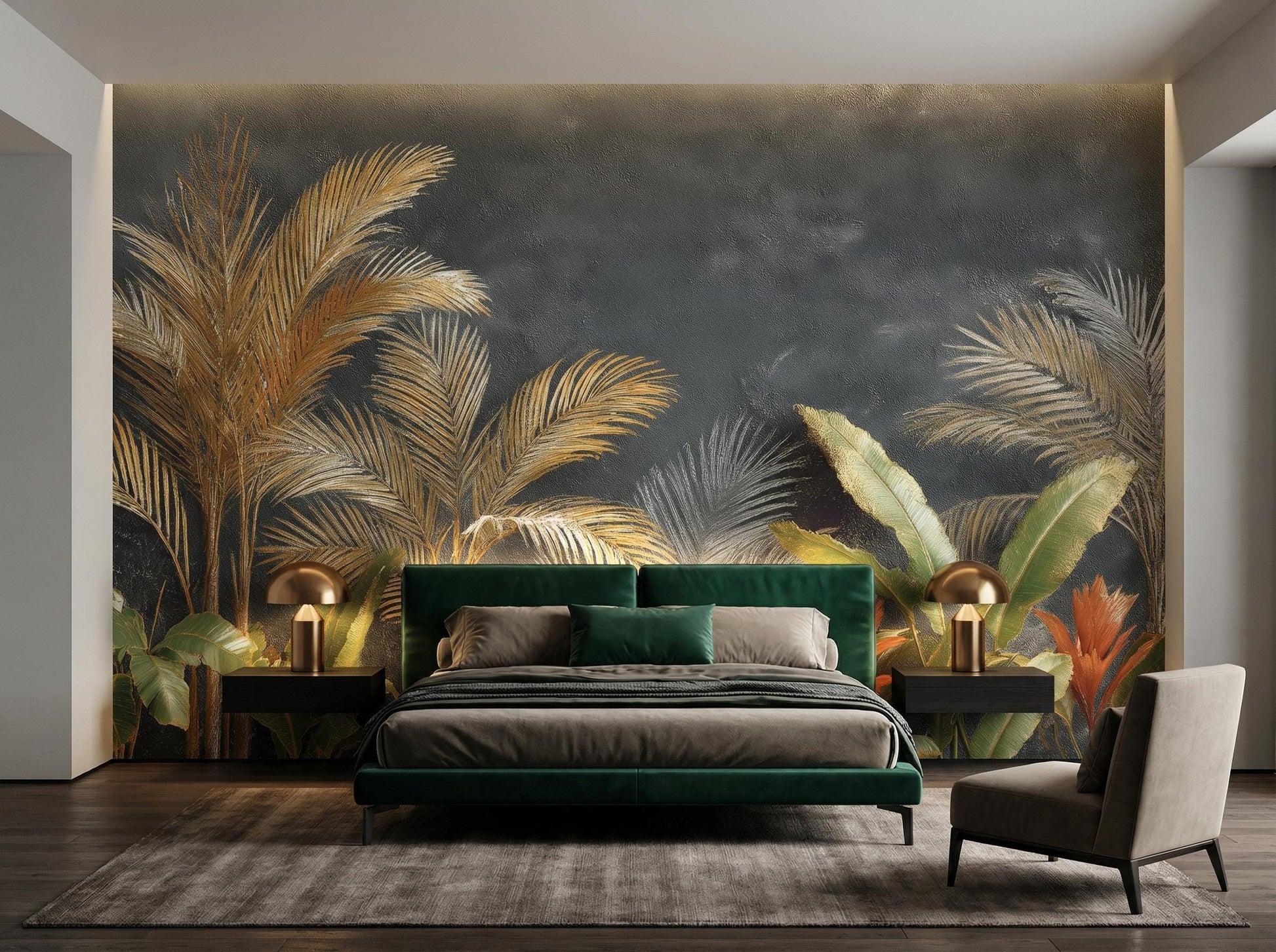 Luxury Tropical Palm Leaf Floral Wallpaper – lifestyle view, Golden Era Walls