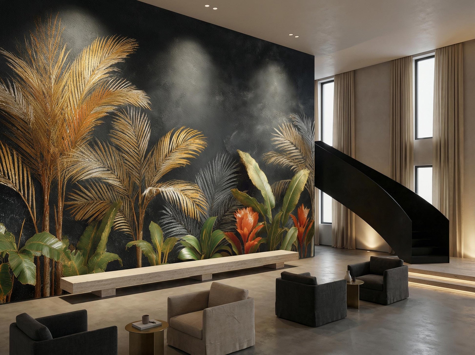 Luxury Tropical Palm Leaf Floral Wallpaper – peel and stick wallpaper mural, Golden Era Walls