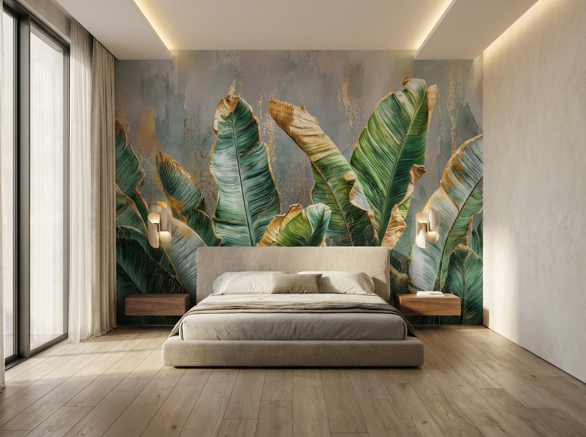 Gilded Concrete Tropical Banana Floral Wallpaper – alternate view, Golden Era Walls