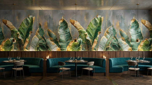 Gilded Concrete Tropical Banana Floral Wallpaper – detail view, Golden Era Walls