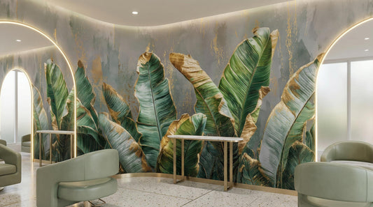 Gilded Concrete Tropical Banana Floral Wallpaper – peel and stick wallpaper mural, Golden Era Walls