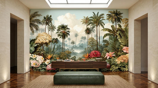 Antique Style Palm Tree Floral Wallpaper – lifestyle view, Golden Era Walls