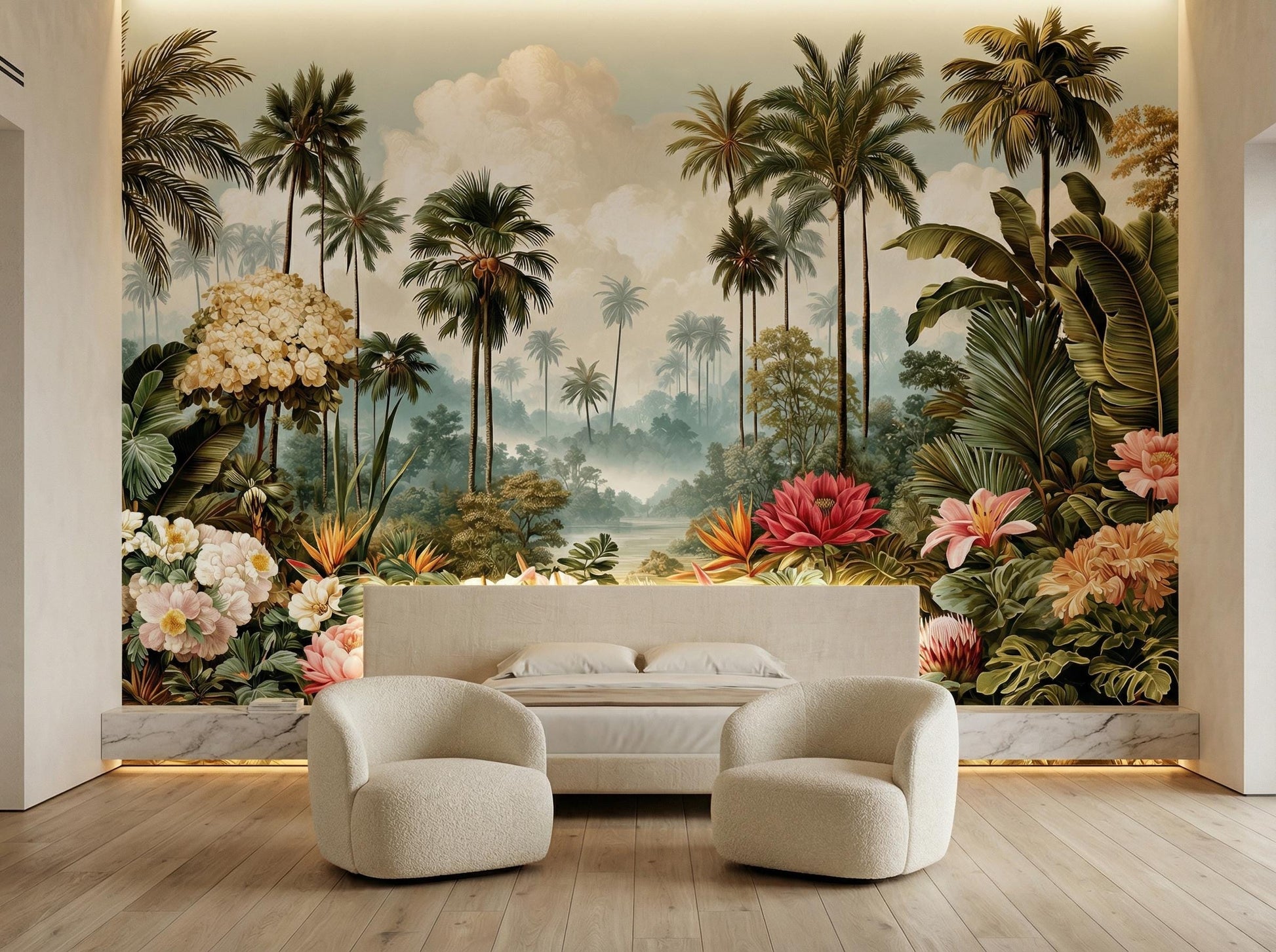 Antique Style Palm Tree Floral Wallpaper – scale reference, Golden Era Walls