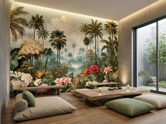 Antique Style Palm Tree Floral Wallpaper – room setting, Golden Era Walls