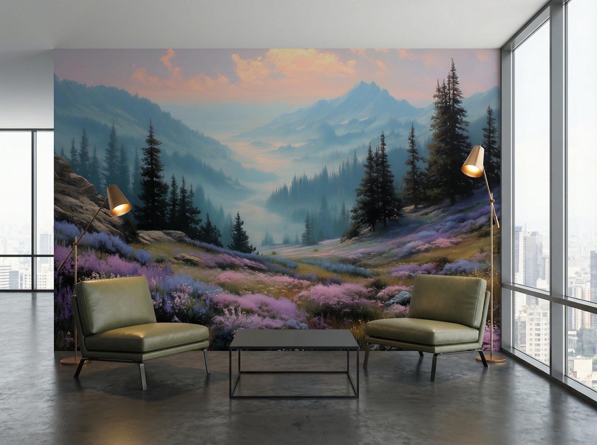 Misty Mountain Foggy Forest Wallpaper – peel and stick wallpaper mural, Golden Era Walls