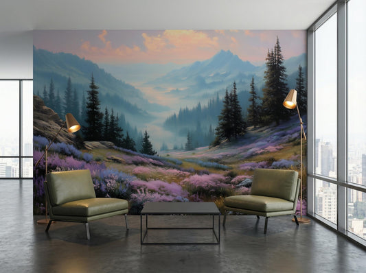 Misty Mountain Foggy Forest Wallpaper – peel and stick wallpaper mural, Golden Era Walls