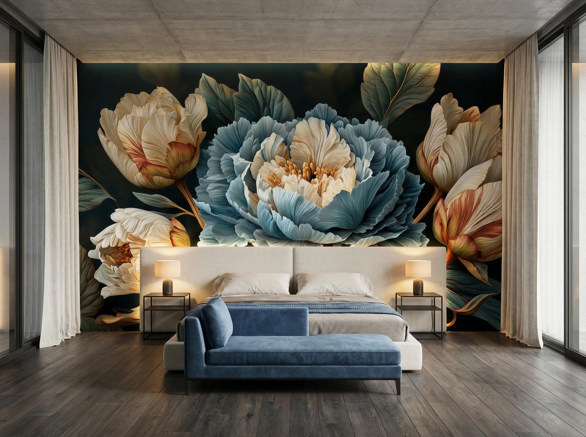 Dark Floral Moody Blue Floral Wallpaper – alternate view, Golden Era Walls