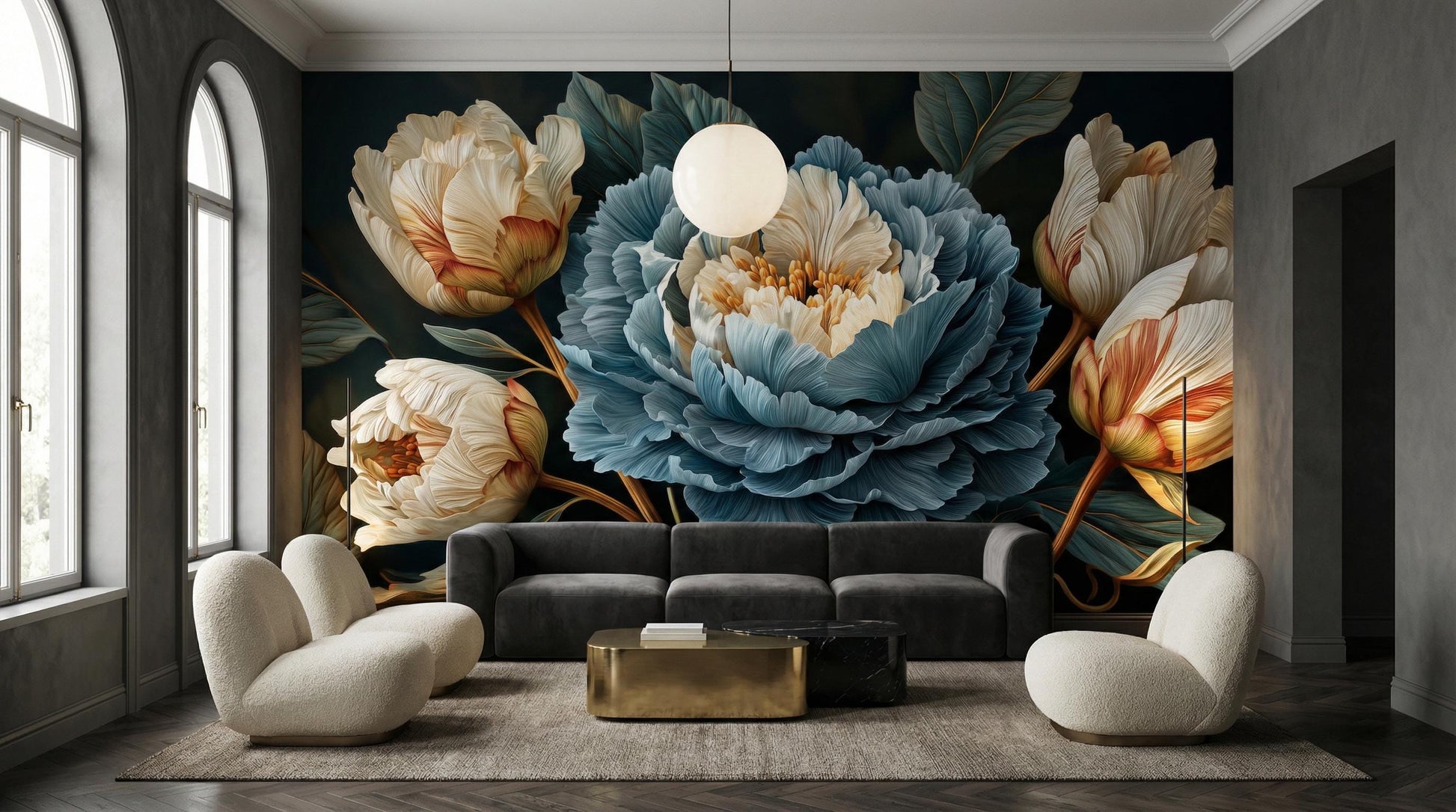 Dark Floral Moody Blue Floral Wallpaper – scale reference, Golden Era Walls