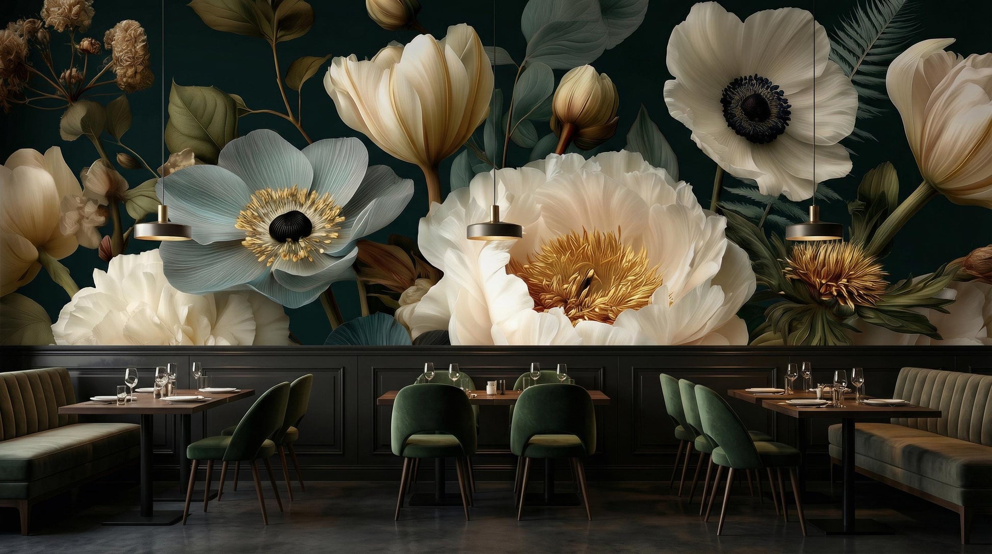 Vintage Dutch Masters Moody Floral Wallpaper – room setting, Golden Era Walls