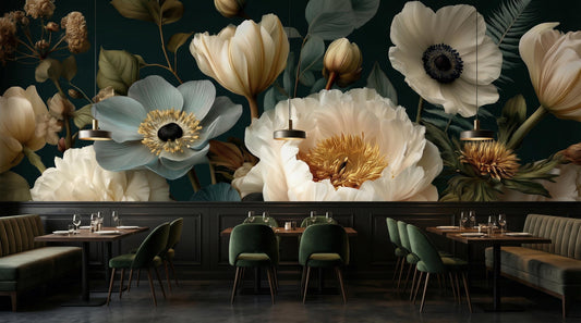 Vintage Dutch Masters Moody Floral Wallpaper – room setting, Golden Era Walls
