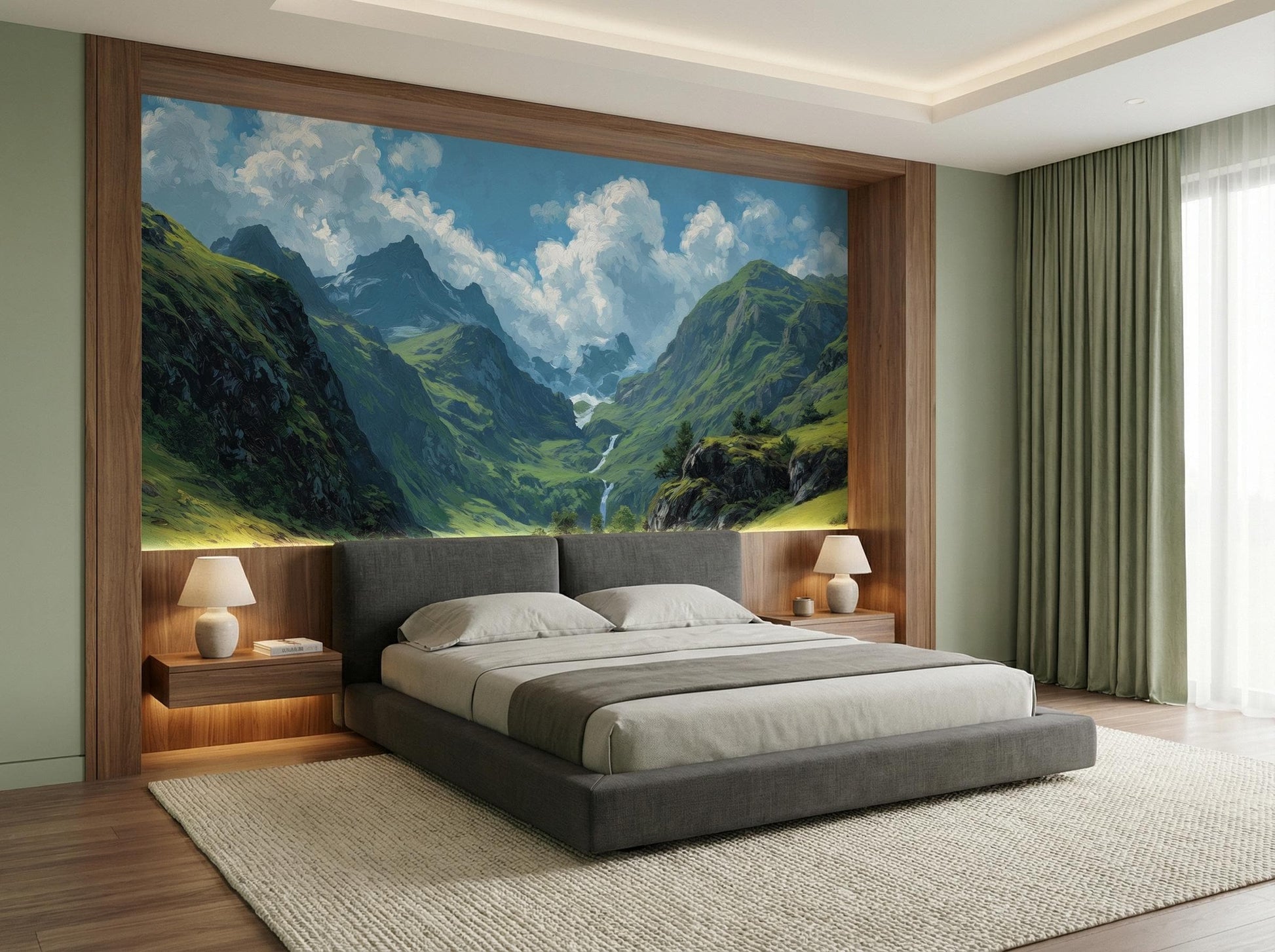 Mountain Valley Oil Painting Wallpaper – lifestyle view, Golden Era Walls