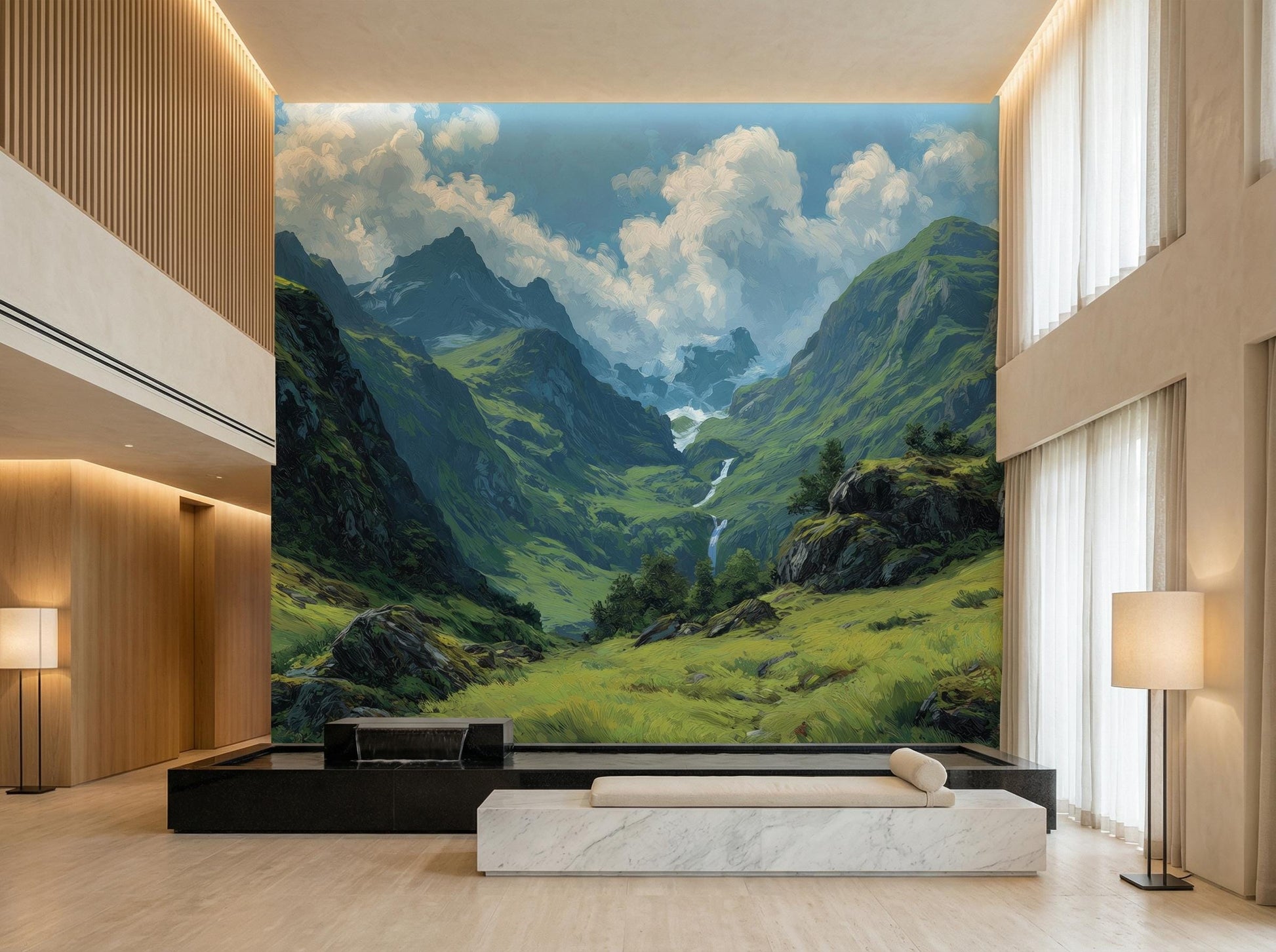 Mountain Valley Oil Painting Wallpaper – scale reference, Golden Era Walls