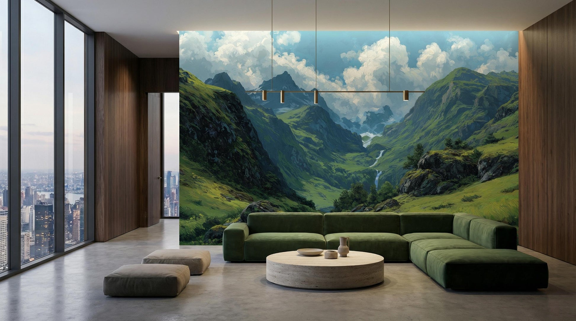 Mountain Valley Oil Painting Wallpaper – room setting, Golden Era Walls