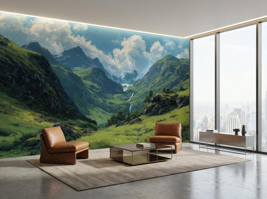 Mountain Valley Oil Painting Wallpaper – peel and stick wallpaper mural, Golden Era Walls