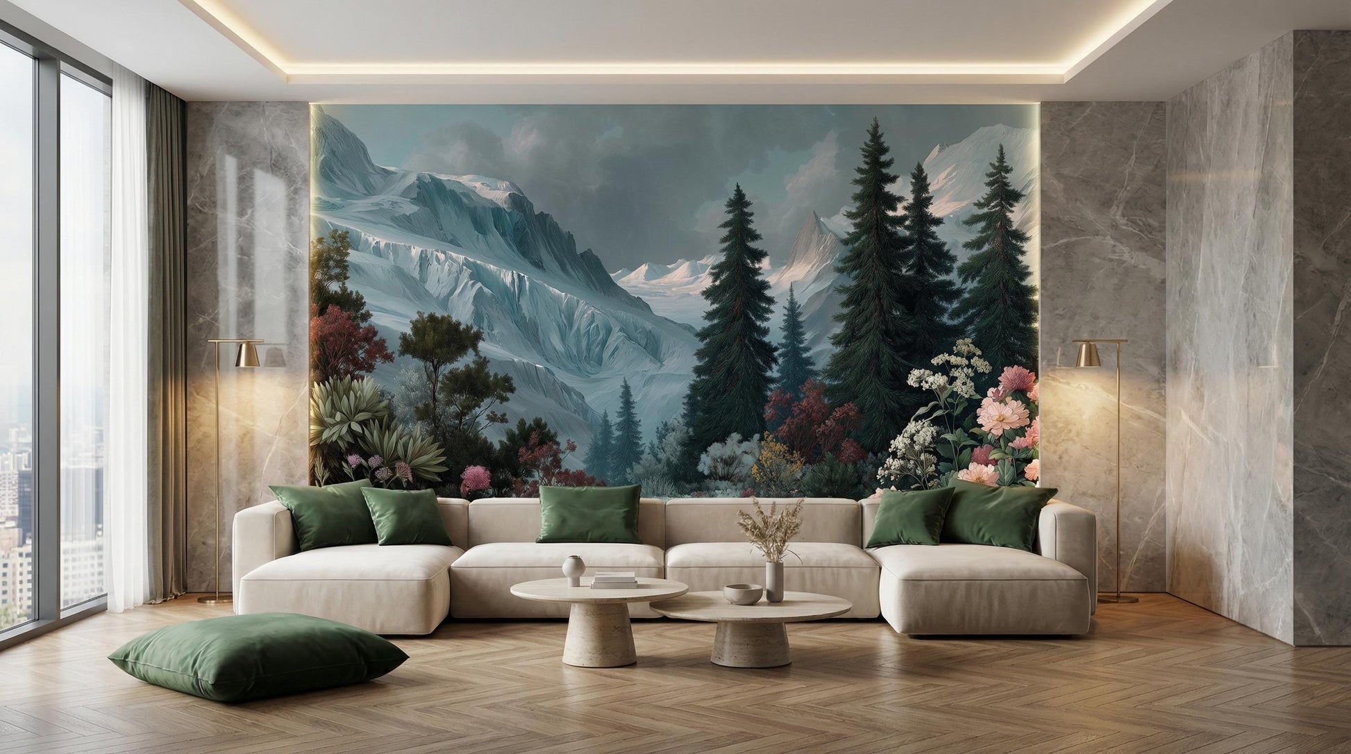 Alpine Wildflower Snowy Mountain Floral Wallpaper – scale reference, Golden Era Walls