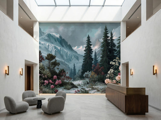 Alpine Wildflower Snowy Mountain Floral Wallpaper – lifestyle view, Golden Era Walls
