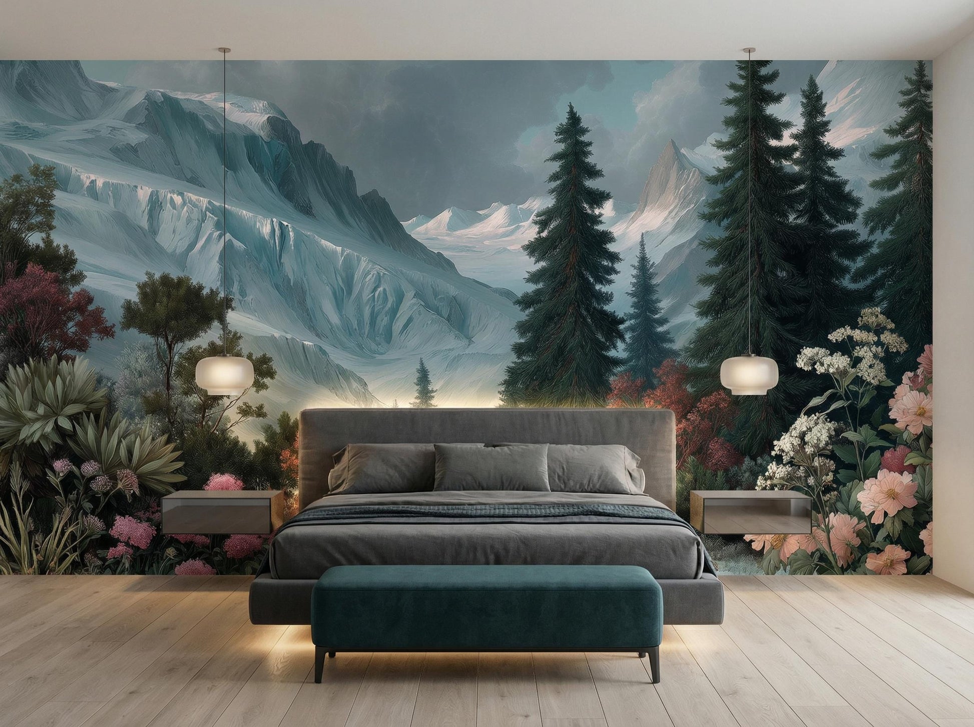 Alpine Wildflower Snowy Mountain Floral Wallpaper – detail view, Golden Era Walls