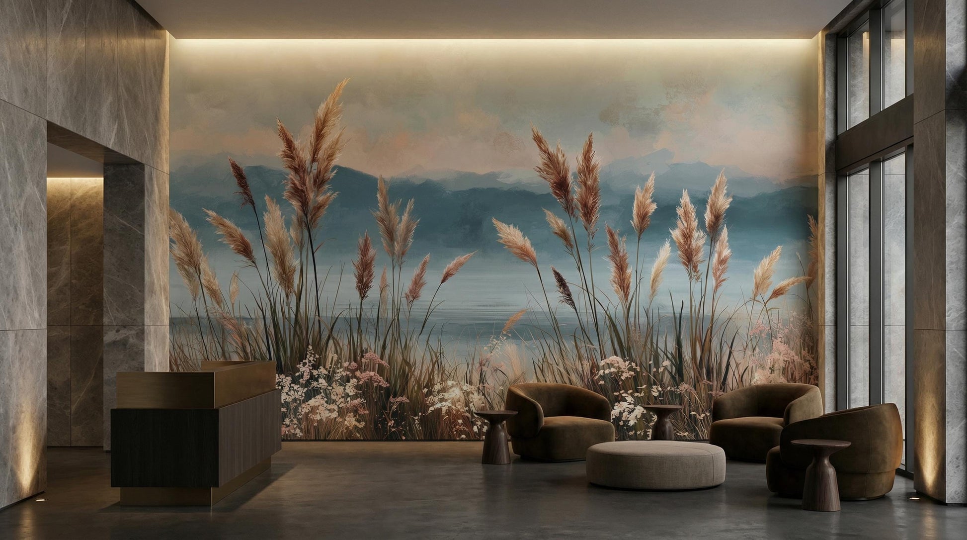Boho Coastal Pampas Grass Floral Wallpaper – scale reference, Golden Era Walls