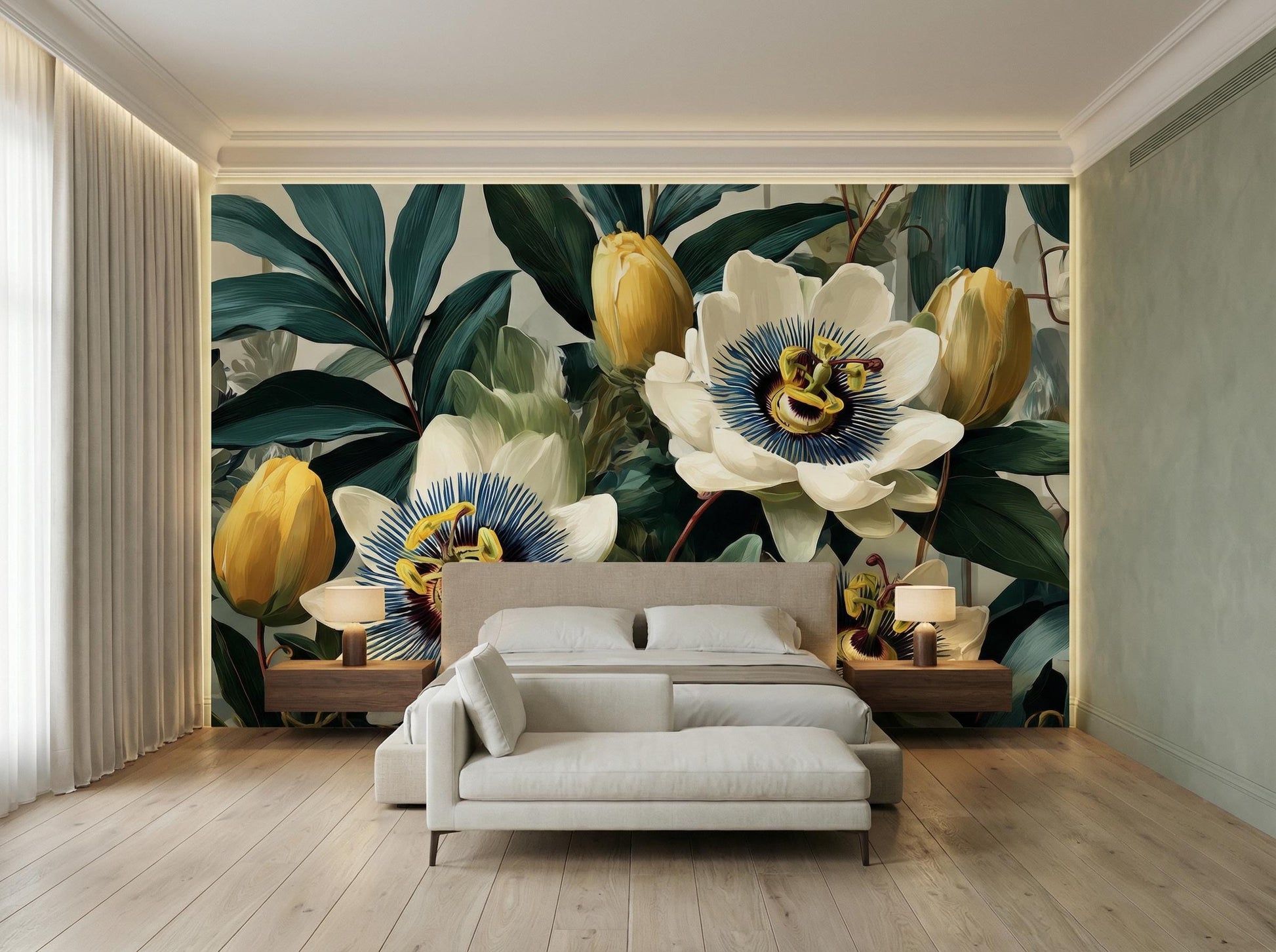 Vintage Botanical Dark Green Floral Wallpaper – alternate view, Golden Era Walls