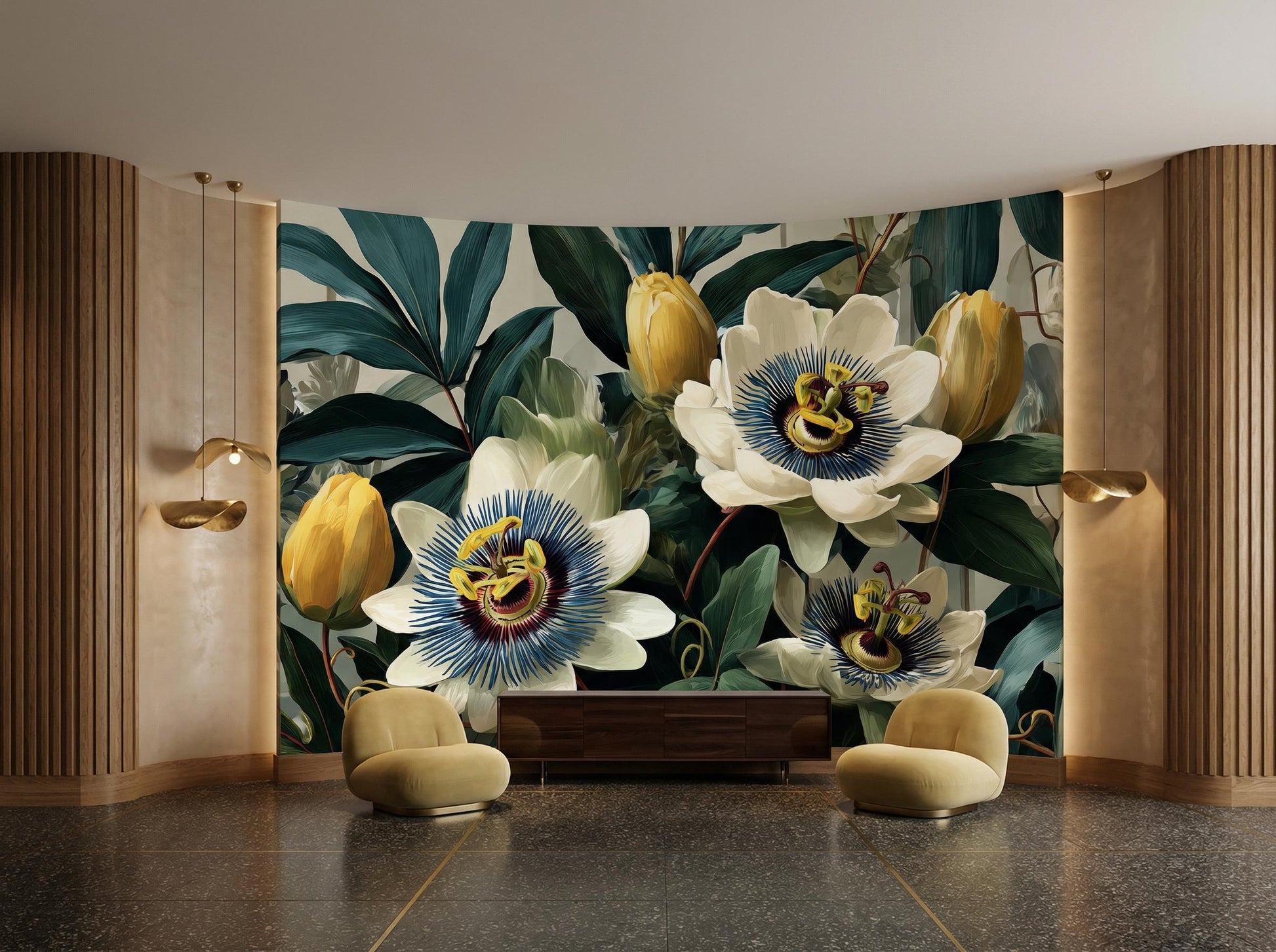 Vintage Botanical Dark Green Floral Wallpaper – scale reference, Golden Era Walls