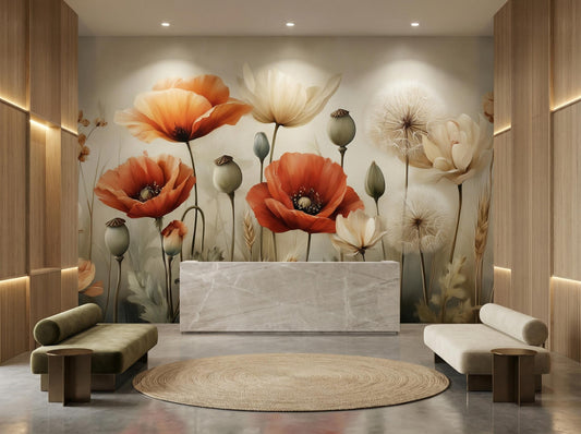 Vintage Poppy Field Rustic Floral Wallpaper – detail view, Golden Era Walls