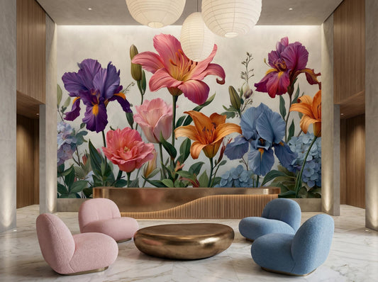 Colorful Wildflower Border Painted Floral Wallpaper – room setting, Golden Era Walls