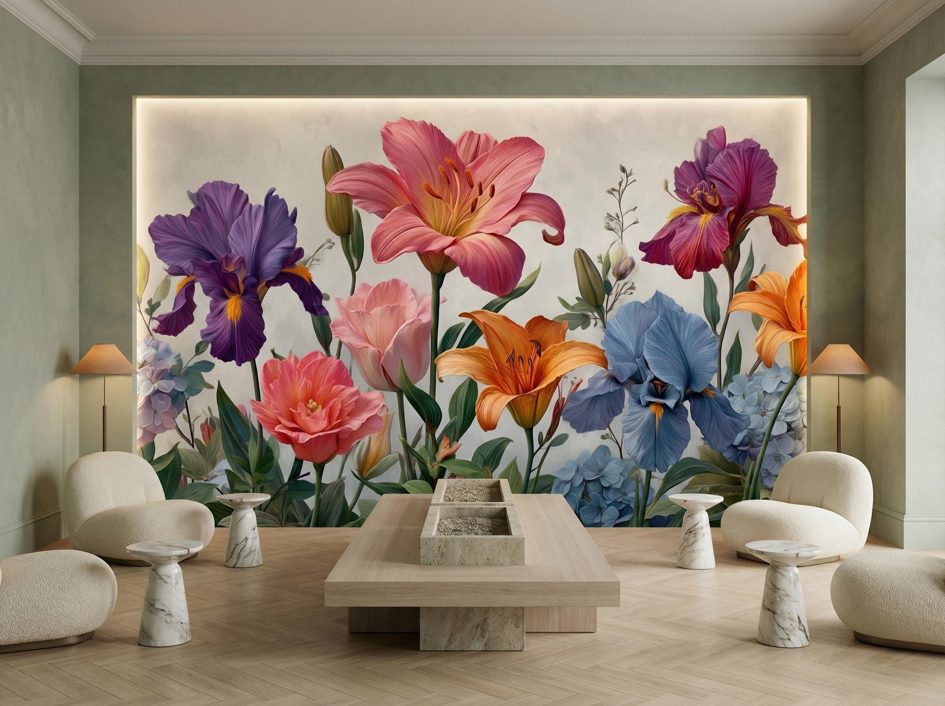 Colorful Wildflower Border Painted Floral Wallpaper – peel and stick wallpaper mural, Golden Era Walls
