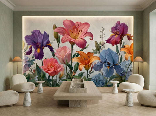 Colorful Wildflower Border Painted Floral Wallpaper – peel and stick wallpaper mural, Golden Era Walls