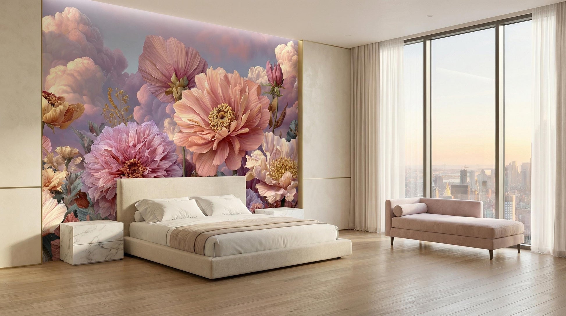 Romantic Pastel Botanical Dahlias Floral Wallpaper – scale reference, Golden Era Walls