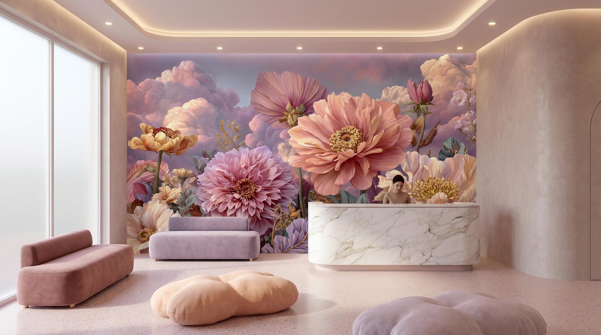 Romantic Pastel Botanical Dahlias Floral Wallpaper – lifestyle view, Golden Era Walls