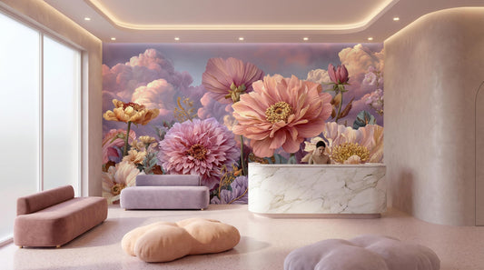 Romantic Pastel Botanical Dahlias Floral Wallpaper – lifestyle view, Golden Era Walls
