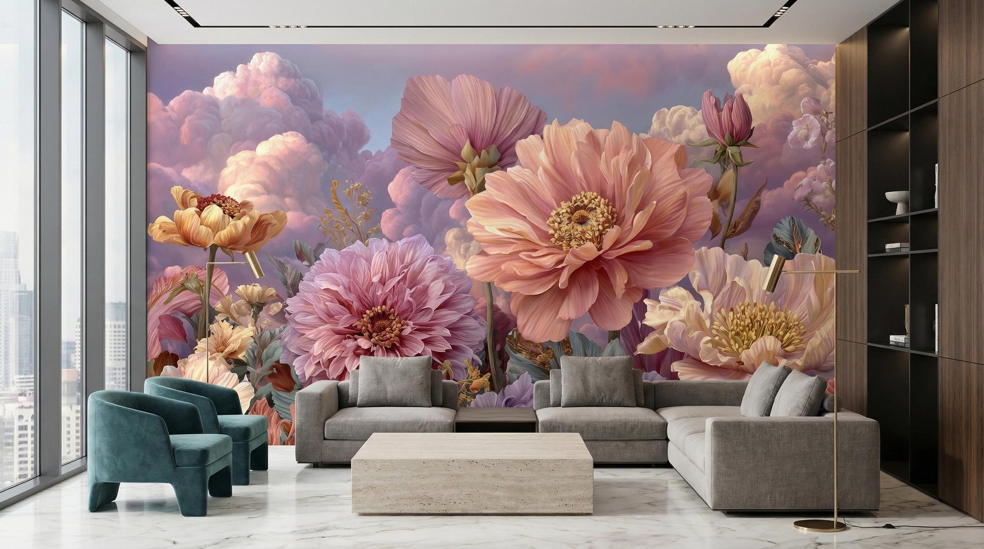 Romantic Pastel Botanical Dahlias Floral Wallpaper – alternate view, Golden Era Walls